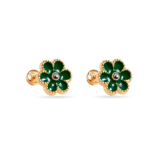 14E00447-GREEN - 14 Karat Green Flower Enamel 8.5mm Clear CZ Screw Back Earrings