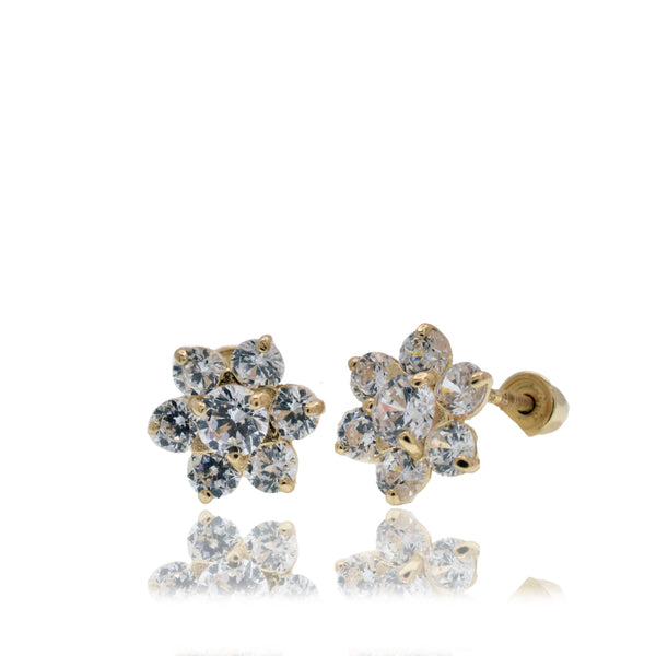 14E00467-CLR - 14 Karat Yellow Gold Flower Clear CZ 7.6mm Screw Back Earring