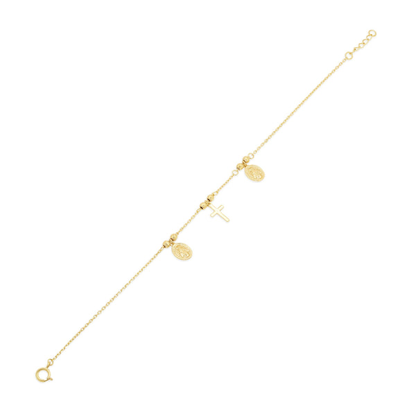 14KB0004. - 14 Karat Yellow Gold Diamond Cut Beads Guadalupe and Cross Charms Adjustable Bracelet