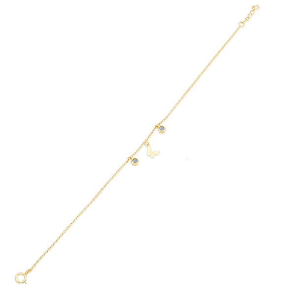14KB0013. - 14 Karat Yellow Gold Butterfly and Round Opal Charms Adjustable Bracelet