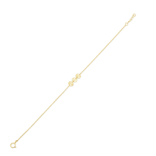 14KB0016. - 14 Karat Yellow Gold Three Diamond Cut Round Charm Adjustable Bracelet