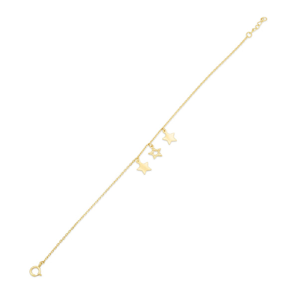 14KB0019. - 14 Karat Yellow Gold Three Stars Diamond Cut Charm Adjustable Bracelet