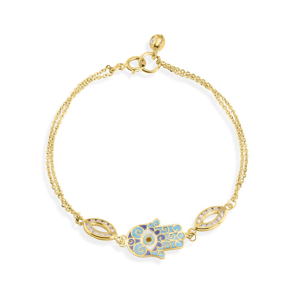 14B00001. - 14 Karat Yellow Gold  Double Strand 030 Cable Enamel Hamsa Clear CZ Bracelet