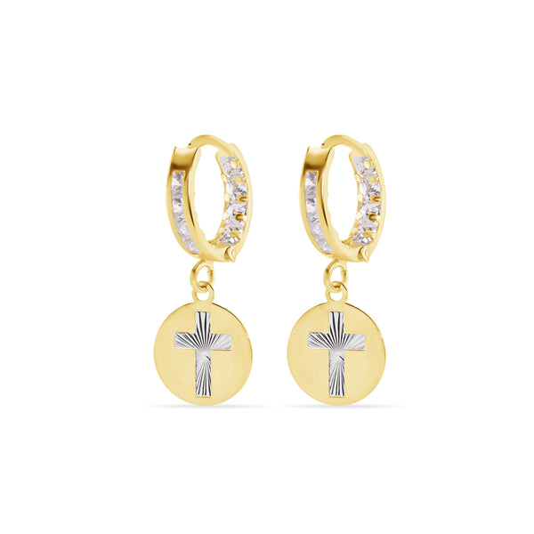 14E00454. - 14 Karat Yellow Gold 11.5mm Hoop Studded Clear CZ Diamond Cut Cross Latch Box Earrings