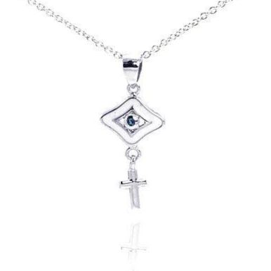 Silver 925 Rhodium Plated Clear CZ Cross Evil Eye Pendant Necklace