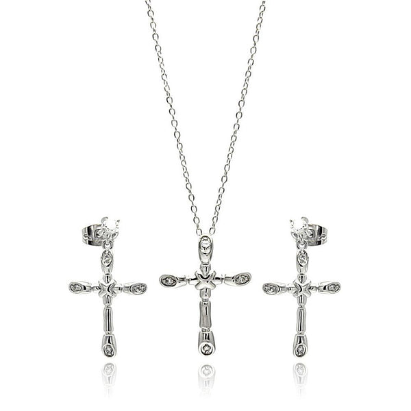 Silver 925 Rhodium Plated Bone Cross CZ Necklace and Earrings Set