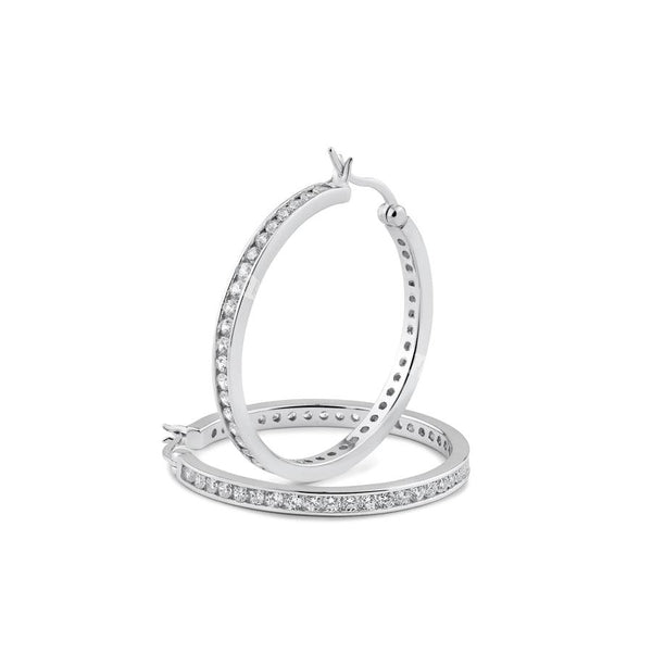 Rhodium Plated 925 Sterling Silver 2.8mm Round Clear CZ Hoop Earrings