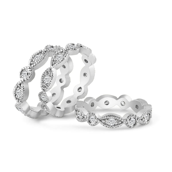 Silver 925 Rhodium Plated Clear Round Marquise CZ Stackable Eternity Ring Set