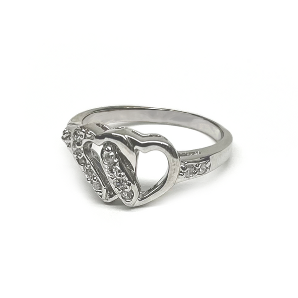 Rhodium Plated 925 Sterling Silver Open Double Heart Clear CZ Ring