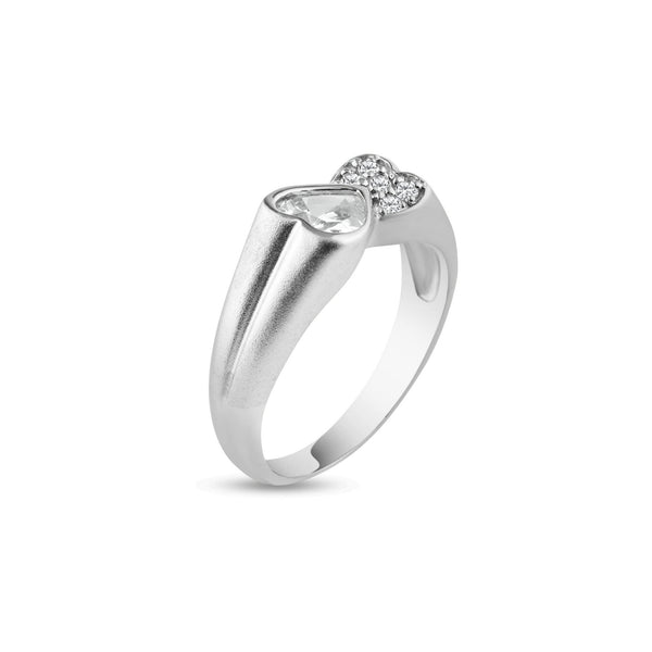 Silver 925 Rhodium Plated Clear CZ Double Heart Ends Ring