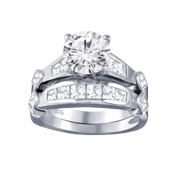 Silver 925 Rhodium Plated Clear CZ Bridal Wedding Ring Set