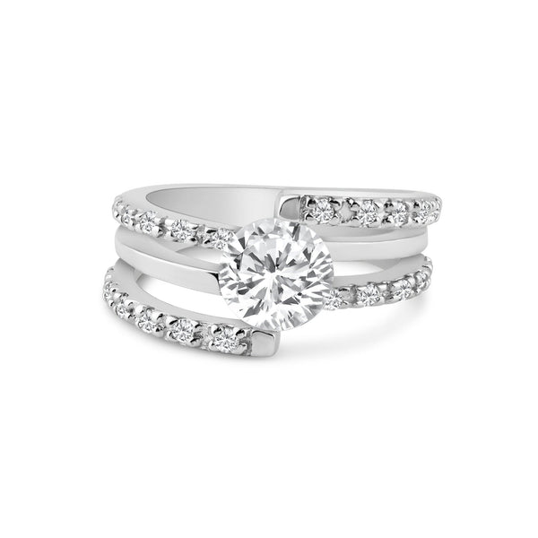 Silver 925 Rhodium Plated Clear Round Center CZ Intertwining Ring