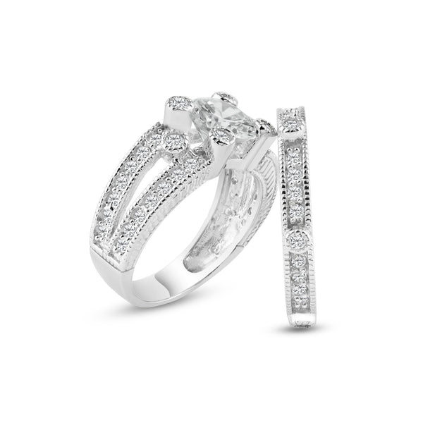 Silver 925 Rhodium Plated Pave CZ Ornate Wedding Ring Set