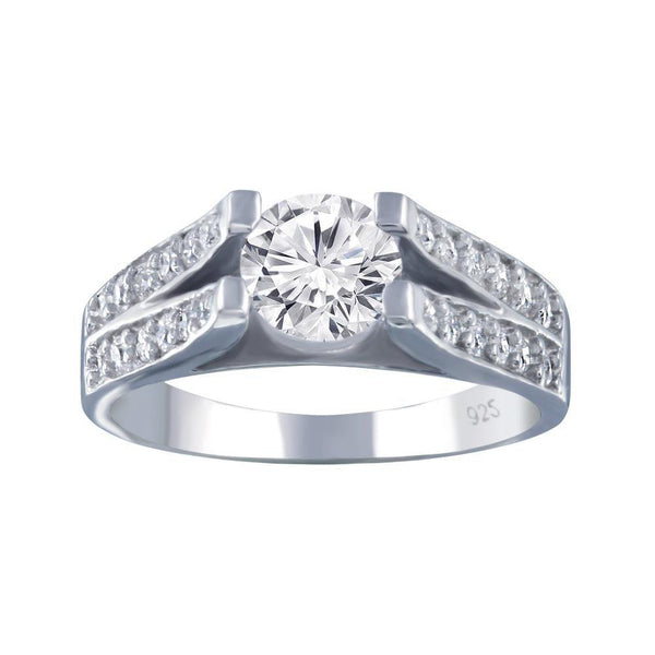 Rhodium Plated 925 Sterling Silver Clear Pave Set Round Center CZ Engagement Ring