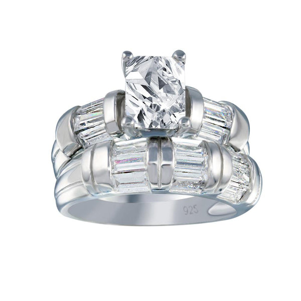 Silver 925 Rhodium Plated Clear Rectangular Center Baguette CZ Engagement Ring Set