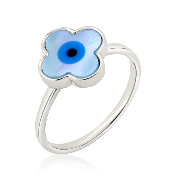 Rhodium Plated 925 Sterling Silver Flower Eye Mother of Pearl Ring