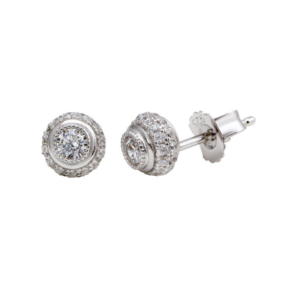 Silver 925 Rhodium Plated Micro Pave Clear Round CZ Stud Earrings