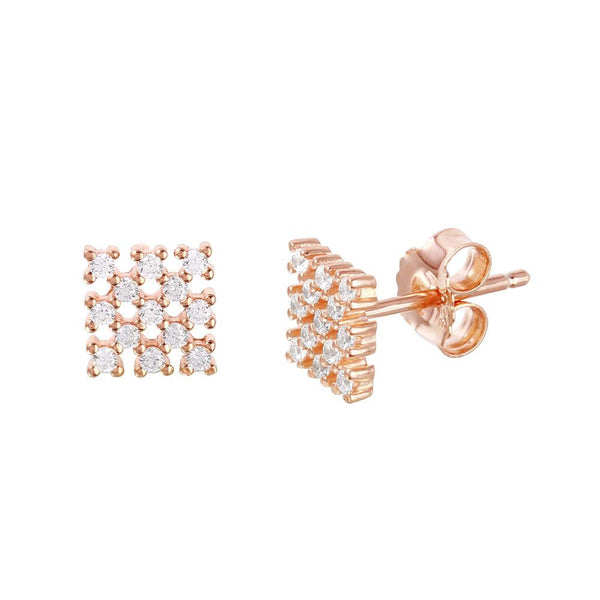 Silver 925 Rose Gold Plated Small Square Checkered CZ Stud Earrings