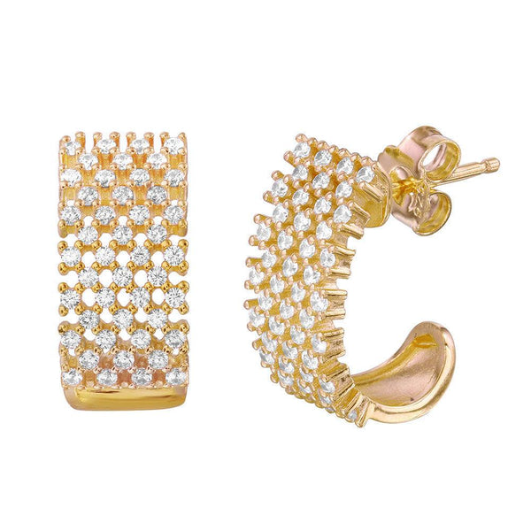 Silver 925 Gold Plated Thick Checkered CZ Semi-huggie hoop Earrings