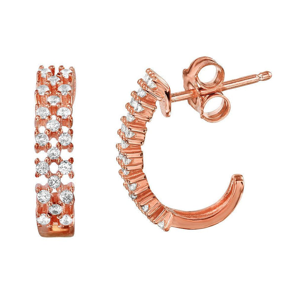 Silver 925 Rose Gold Plated Thin Checkered CZ Semi-huggie hoop Earrings