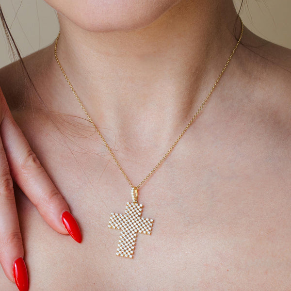 Silver 925 Gold Plated Thick Open Checkered Cross CZ Pendant