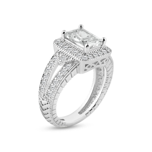 Silver 925 Rhodium Plated Micro Pave Clear Cluster CZ Square Ring