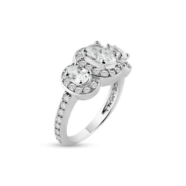 Silver 925 Rhodium Plated Pave Clear Cluster CZ Past Present Future Ring