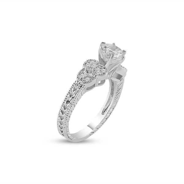 Silver 925 Rhodium Plated Pave Clear Round Center CZ Ring