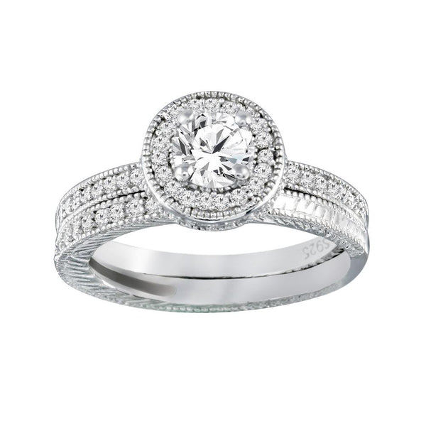 925 Sterling Silver  Rhodium Plated Micro Pave CZ Engagement Ring Set