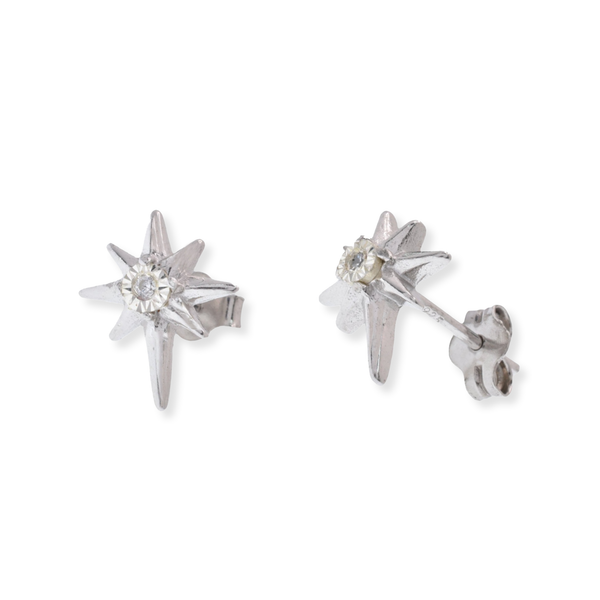Rhodium Plated 925 Sterling Northern Star Diamond Cut 8.8mm x 10.6mm Stud Earring