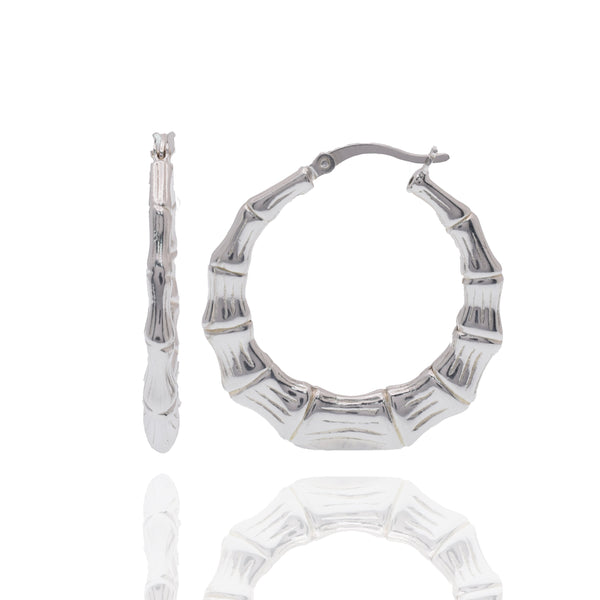 Rhodium Plated 925 Sterling Silver Bamboo Style Hoop Earring