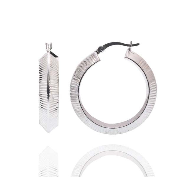 Rhodium Plated 925 Sterling Silver Textured Ribbed 23mm Hoop Earring