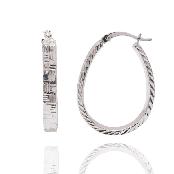 Rhodium Plated 925 Sterling Silver Diamond Cut Twisted Oval Hoop 18mm Earring