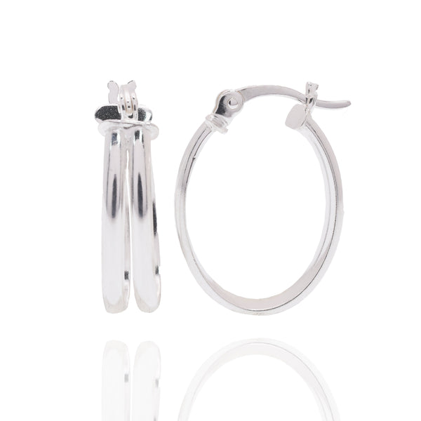 Rhodium Plated 925 Sterling Silver Double Oval Hoop 18mm Earring