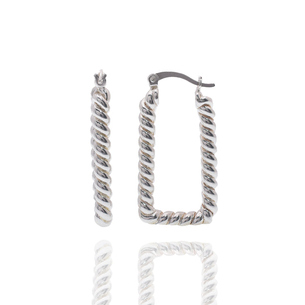 Rhodium Plated 925 Sterling Silver Rectangular Twisted Rope Hoop 17.5mm x 33mm Earring
