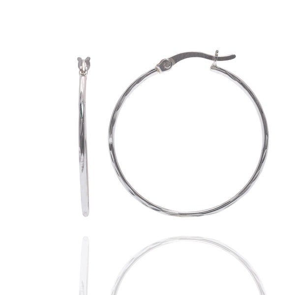 Rhodium Plated 925 Sterling Silver Diamond Cut 1.3mm Hoop Earring