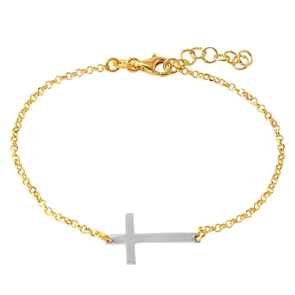 Silver 925 Gold Plated Italian Rolo Chain with Rhodium Plated Cross Bracelet