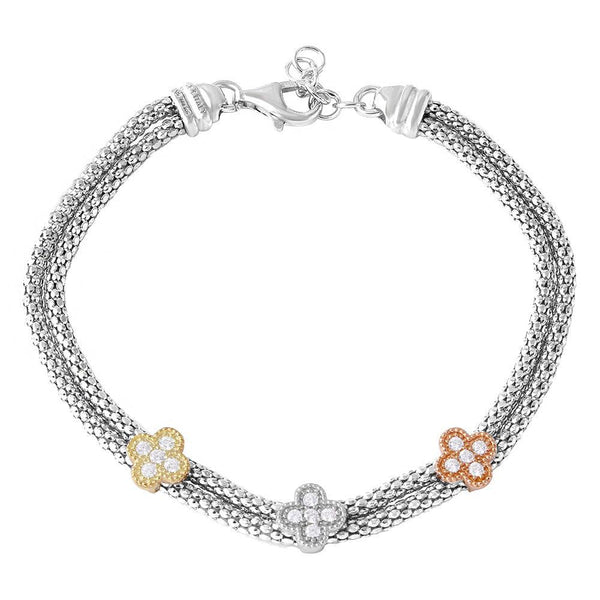 Sterling silver Rhodium Plated 3 Toned Clover CZ Leaves Bracelet