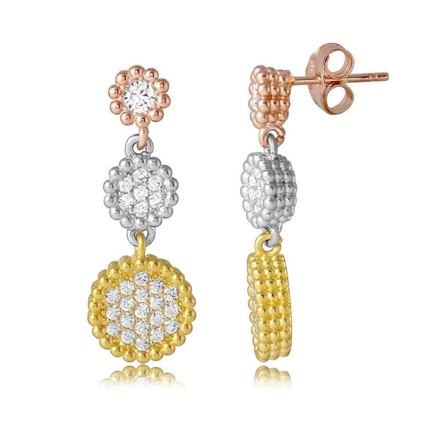 Silver 925 3 Toned Drop Circles CZ  Earrings