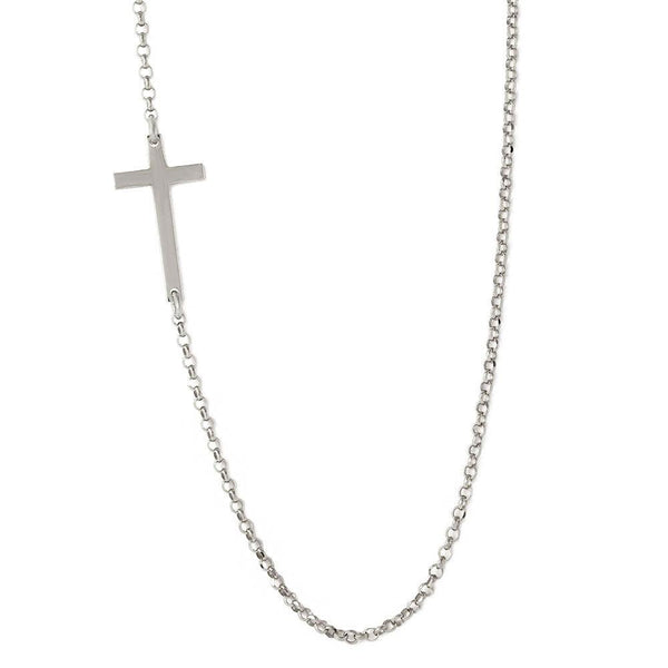 Silver 925 Rhodium Plated Rolo Necklace With Cross