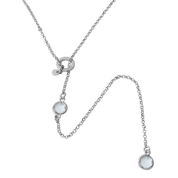Rhodium Plated 925 Sterling Silver Dropped Clear Round CZ Necklace with Adjustable Ring