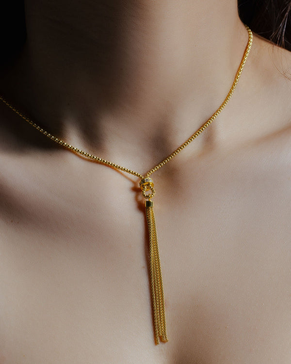 Gold Plated 925 Sterling Silver Tassel Drop Necklace with Connected CZ Ring Knot