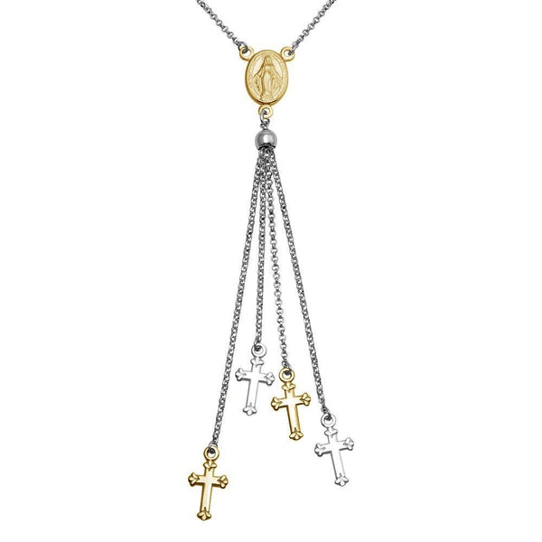 Rhodium Plated 925 Sterling Silver and Gold Plated Rosary Tassel Necklace