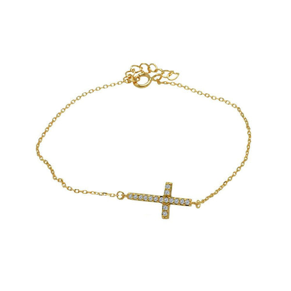 Silver 925 Gold Plated Sideways Cross Clear CZ Inlay Bracelet
