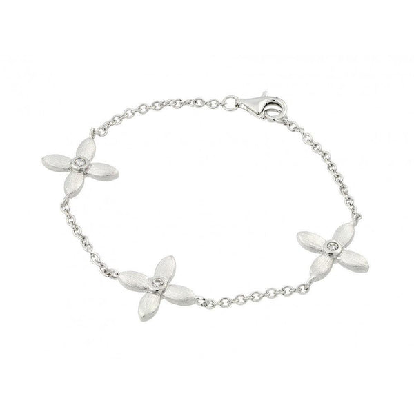 Silver 925 Rhodium Plated Three Flower Clear Round Center CZ Bracelet
