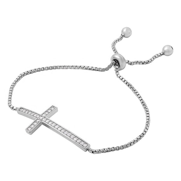 Silver 925 Rhodium Plated CZ Cross Box Chain Lariat Bracelet