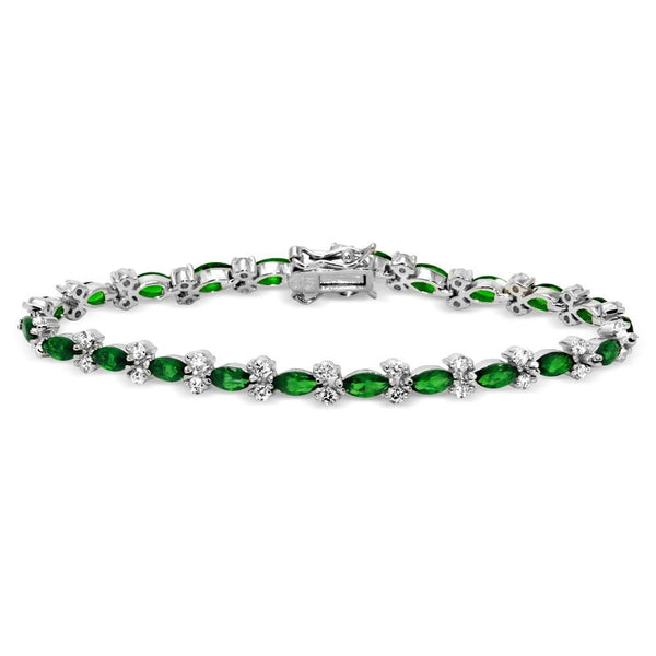 Rhodium Plated 925 Sterling Silver 5mm Green Marquise and Clear Round CZ Tennis Bracelet