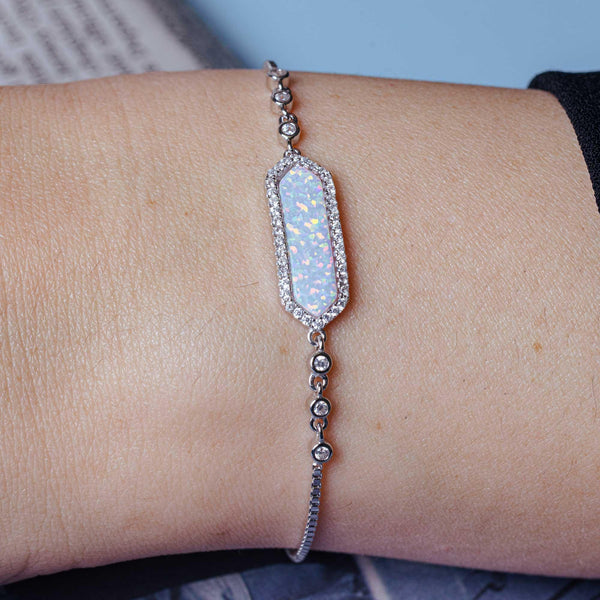 Rhodium Plated 925 Sterling Silver White Opal with CZ Lariat Bracelet