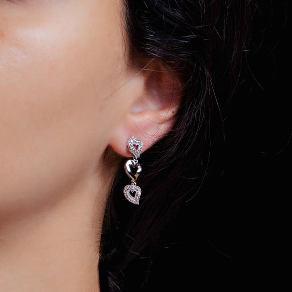 Silver 925 Rhodium Plated Clear Multiple Open Heart CZ Stud Dangling Earrings