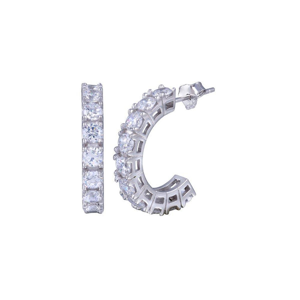 Silver 925 Rhodium Plated Round Clear CZ huggie hoop Earrings
